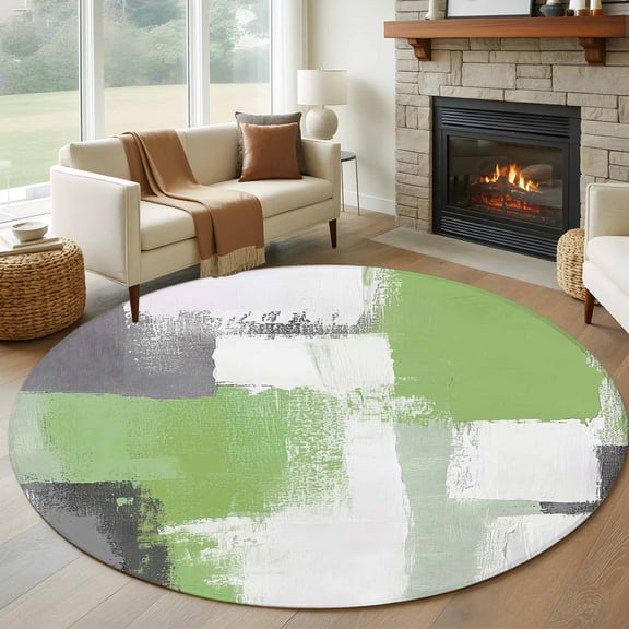Round Area Rug 8ft,Sage Green Watercolor Oil Painting Art Washable Carpet Non-Slip Runner Accent Rugs Indoor Floor Mat for Bedroom Living Room Decor,Grey Ombre Abstract Color Block