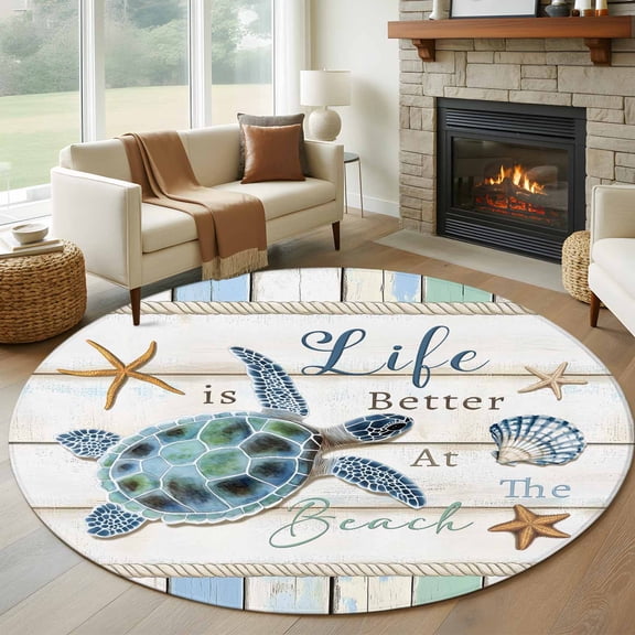Round Area Rug 8ft,Sea Turtle on Gradient Coastal Wood Grain Washable Carpet Non-Slip Runner Accent Rugs Indoor Floor Mat for Bedroom Living Room Decor,Life Better Beach