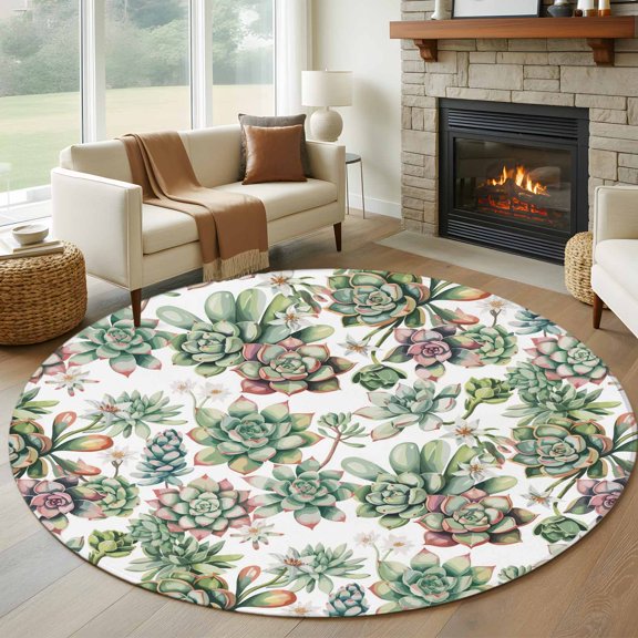 Round Area Rug 8ft,Summer Multi-meat Plants Living Room Rug Non-Slip Washable Circle Rugs Pad,Watercolor Botanical Soft Floor Carpet for Bedroom Dining Room