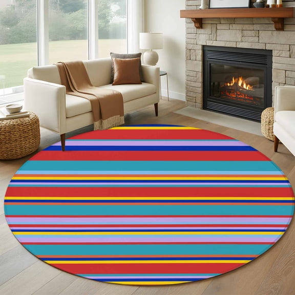 Round Area Rug 8ft,Traditional Mexico Colorful Stripes Washable Carpet Non-Slip Runner Accent Rugs Indoor Floor Mat for Bedroom Living Room Decor,Modern Lines Art