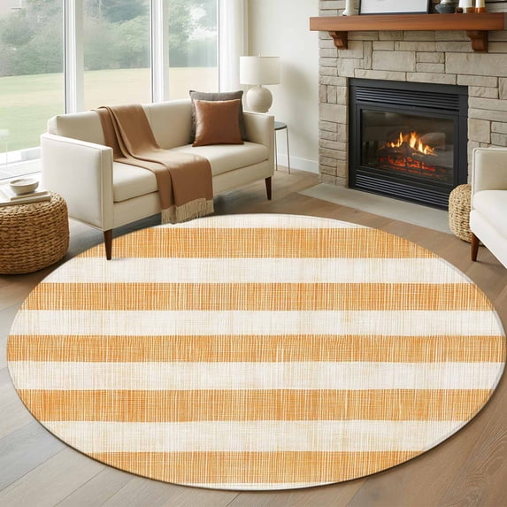 Round Area Rug 8ft,Vintage Classic Stripes Washable Carpet Non-Slip Runner Accent Rugs Indoor Floor Mat for Bedroom Living Room Decor,Retro Orange Beige