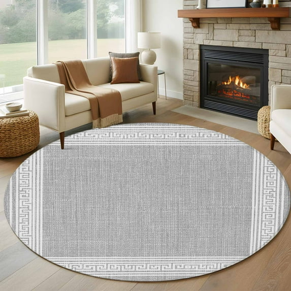 Round Area Rug 8ft,Vintage Key Pattern Grey Linen Washable Carpet Non-Slip Runner Accent Rugs Indoor Floor Mat for Bedroom Living Room Decor,Abstract Square Texture