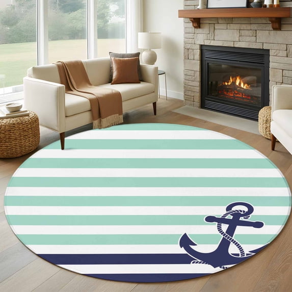 Round Area Rug 8ft,Watercolor Blue Nautical Anchor Washable Carpet Non-Slip Runner Accent Rugs Indoor Floor Mat for Bedroom Living Room Decor,Green Geometric Stripe