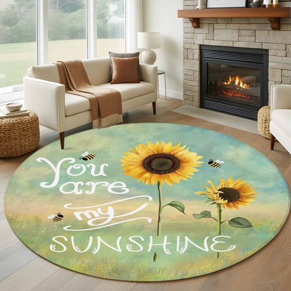 Round Area Rug 8ft,Watercolor Farm Sunflowers Washable Carpet Non-Slip Runner Accent Rugs Indoor Floor Mat for Bedroom Living Room Decor,You Are My Sunshine