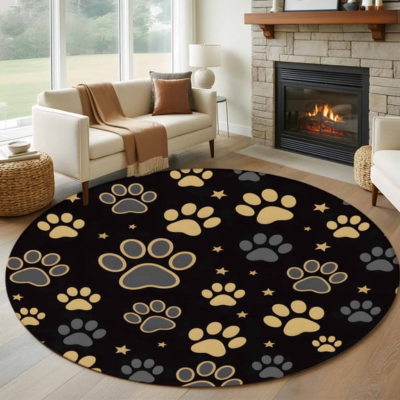 Round Area Rug 8ft,Yellow Gray Cat Paw Cute Washable Carpet Non-Slip Runner Accent Rugs Indoor Floor Mat for Bedroom Living Room Decor,Abstract Animal Footprint
