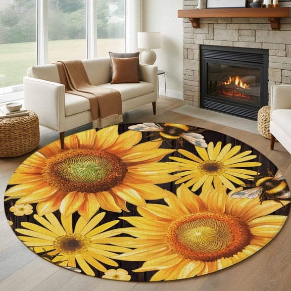 Round Area Rug 8ft,Yellow Sunflower Daisy Flower Living Room Rug Non-Slip Washable Circle Rugs Pad,Spring Rustic Floral Bee Black Soft Floor Carpet for Bedroom Dining Room