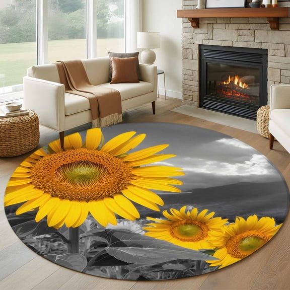 Round Area Rug 8ft,Yellow Sunflower Field Living Room Rug Non-Slip Washable Circle Rugs Pad,Modern Grey Floral Partial Color Art Soft Floor Carpet for Bedroom Dining Room