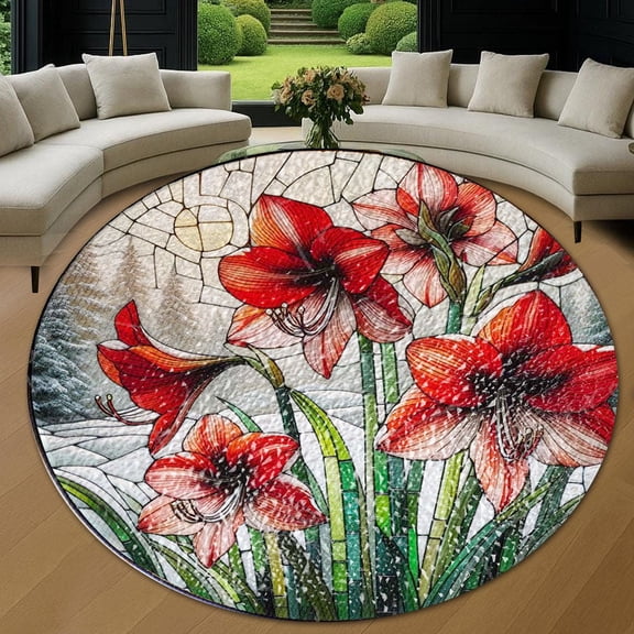 Round Area Rug, Amaryllis Flowers Non-Slip Floor Mat, Soft Washable Carpet for Living Room Bedroom Decor 24 Inch
