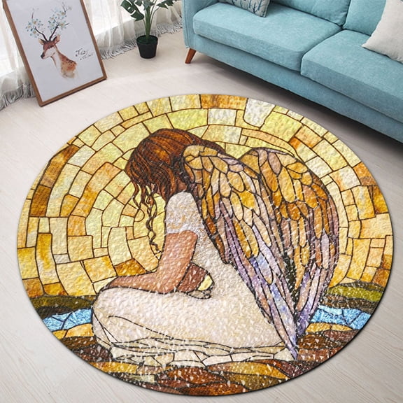 Round Area Rug, Angel Wings Non-Slip Floor Mat, Soft Washable Carpet for Living Room Bedroom Decor 31 Inch
