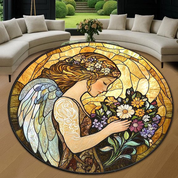 Round Area Rug, Angel5 Animal Lover Gift Non-Slip Floor Mat, Soft Washable Carpet for Living Room Bedroom Decor 24 Inch