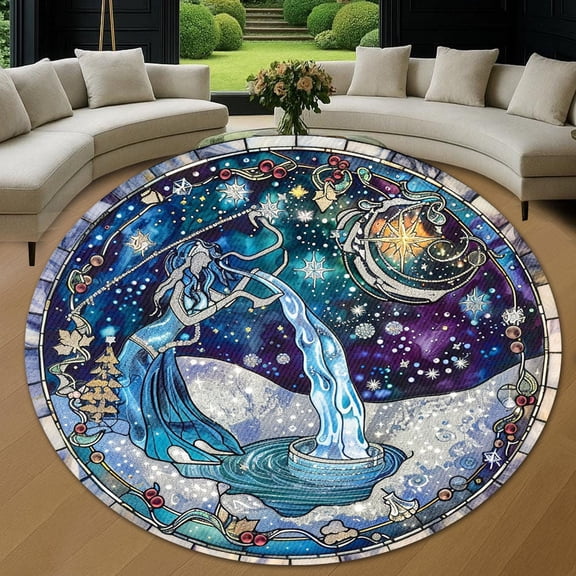 Round Area Rug, Aquarius Zodiac Sign3 Non-Slip Floor Mat, Soft Washable Carpet for Living Room Bedroom Decor 24 Inch