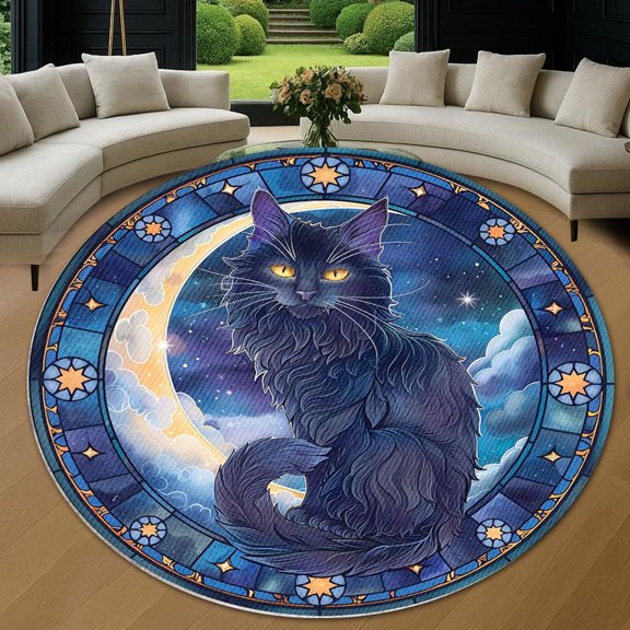 Round Area Rug, Black Cat Moon Non-Slip Floor Mat, Soft Washable Carpet for Living Room Bedroom Decor 24 Inch