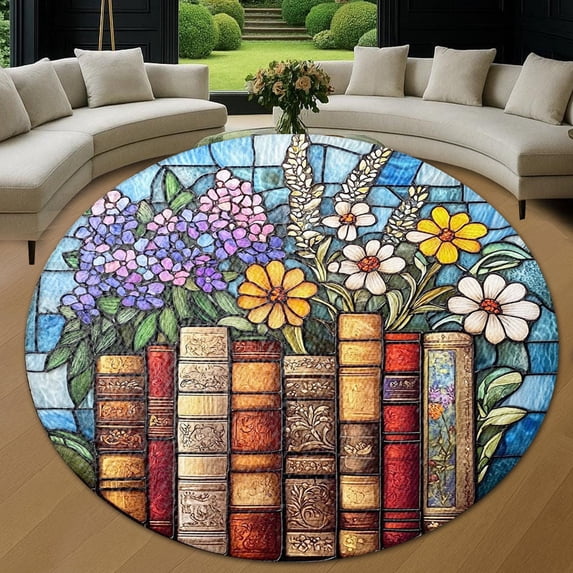 Round Area Rug, Book Flower10 Non-Slip Floor Mat, Soft Washable Carpet for Living Room Bedroom Decor 31 Inch