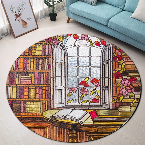 Round Area Rug, Book Lover Library Non-Slip Floor Mat, Soft Washable Carpet for Living Room Bedroom Decor 24 Inch