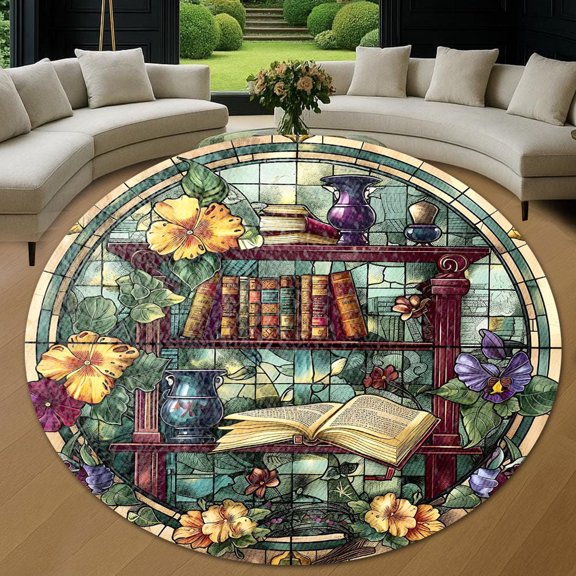 Round Area Rug, Book Lover Non-Slip Floor Mat, Soft Washable Carpet for Living Room Bedroom Decor 24 Inch