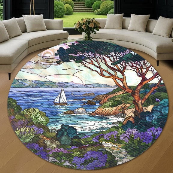 Round Area Rug, California Coast Non-Slip Floor Mat, Soft Washable Carpet for Living Room Bedroom Decor 24 Inch