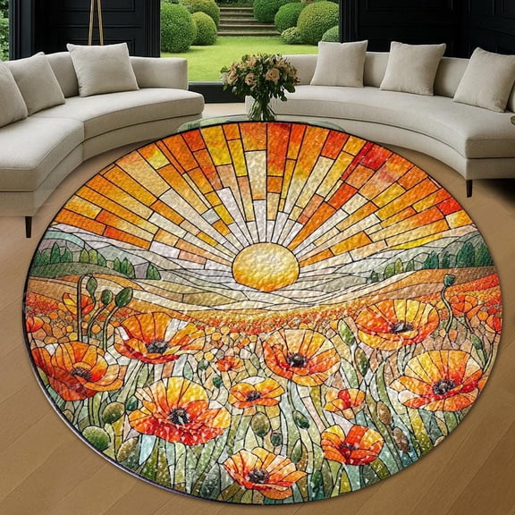 Round Area Rug, California Poppies Flower Non-Slip Floor Mat, Soft Washable Carpet for Living Room Bedroom Decor 24 Inch