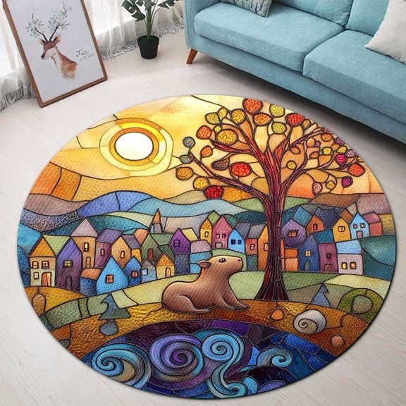 Round Area Rug, Capybara1 Non-Slip Floor Mat, Soft Washable Carpet for Living Room Bedroom Decor 24 Inch