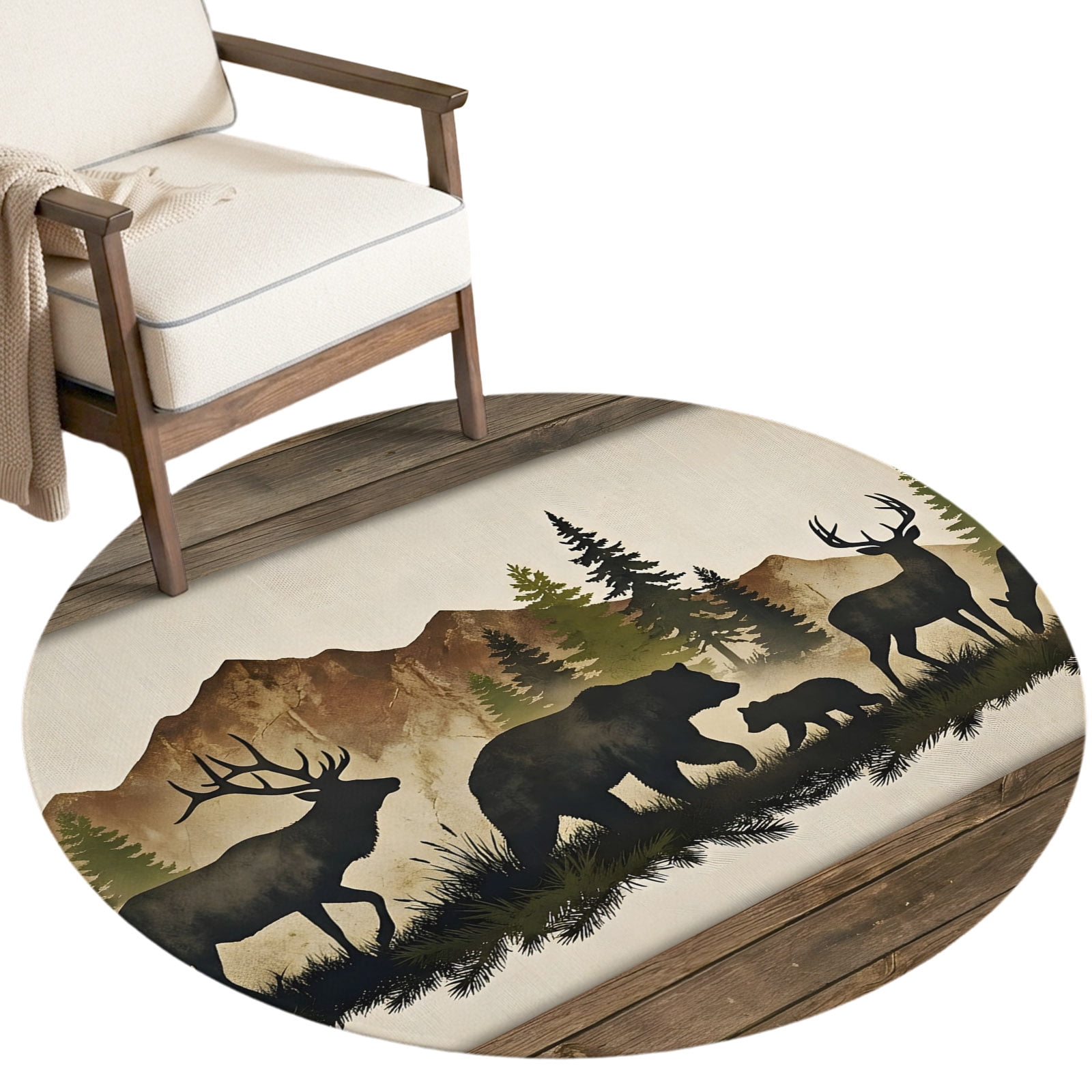 Round Area Rug Carpet,3ft Elk Bear Silhouette Soft Shaggy Circle Rugs ...