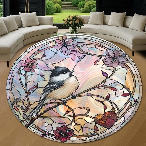 Round Area Rug, Chickadee1 Art Design Non-Slip Floor Mat, Soft Washable Carpet for Living Room Bedroom Decor 24 Inch