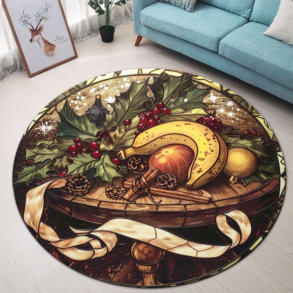 Round Area Rug, Christmas Banana1 Cute Design Non-Slip Floor Mat, Soft Washable Carpet for Living Room Bedroom Decor 24 Inch