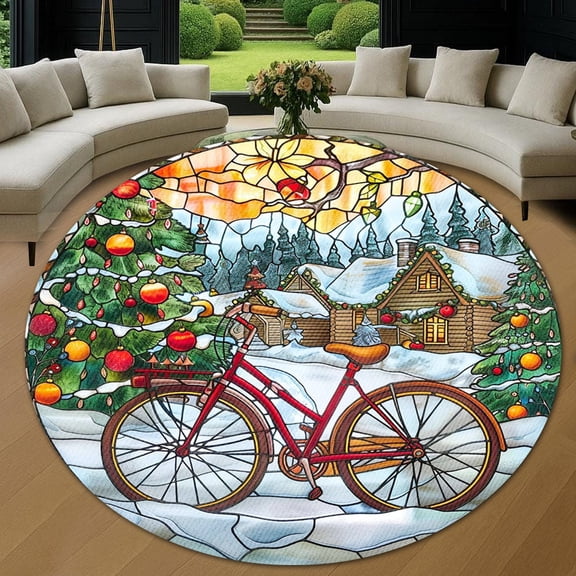 Round Area Rug, Christmas Bicycle 8 Non-Slip Floor Mat, Soft Washable Carpet for Living Room Bedroom Decor 24 Inch