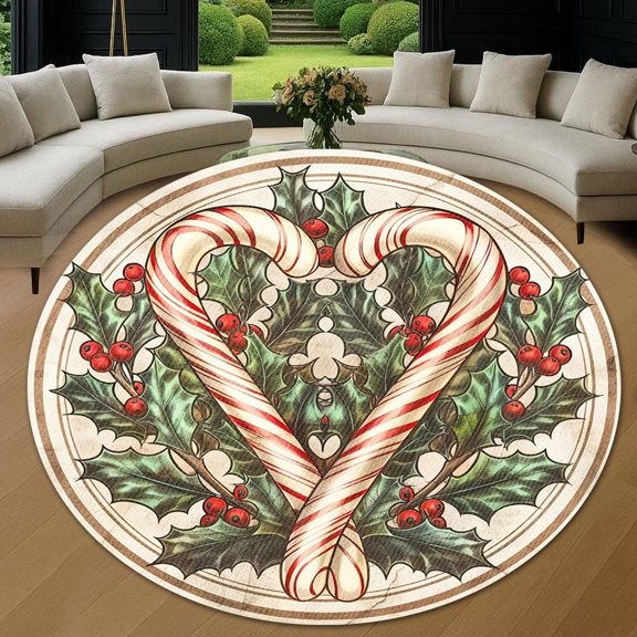 Round Area Rug, Christmas Candy Cane1 Non-Slip Floor Mat, Soft Washable Carpet for Living Room Bedroom Decor 24 Inch