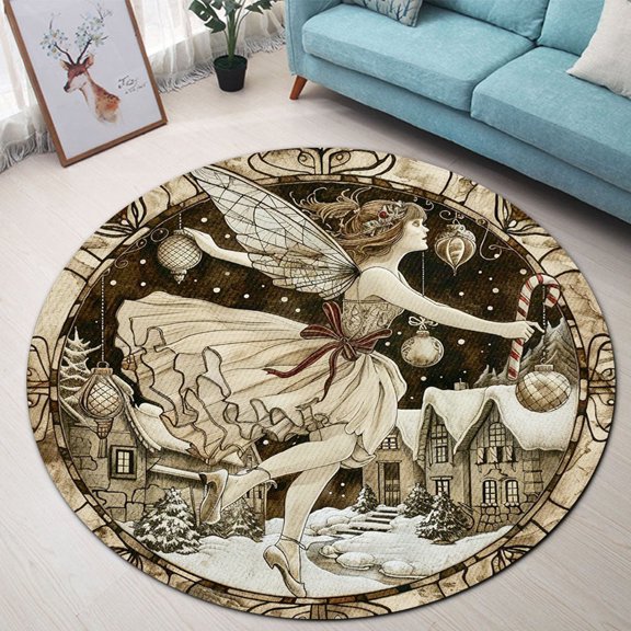 Round Area Rug, Christmas Fairy17 Animal Lover Gift Non-Slip Floor Mat, Soft Washable Carpet for Living Room Bedroom Decor 24 Inch