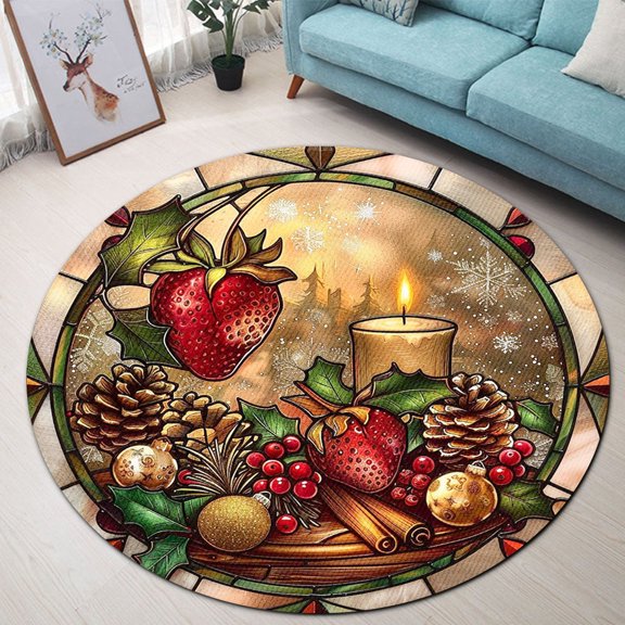 Round Area Rug, Christmas Strawberry7 Nature Pattern Non-Slip Floor Mat, Soft Washable Carpet for Living Room Bedroom Decor 24 Inch