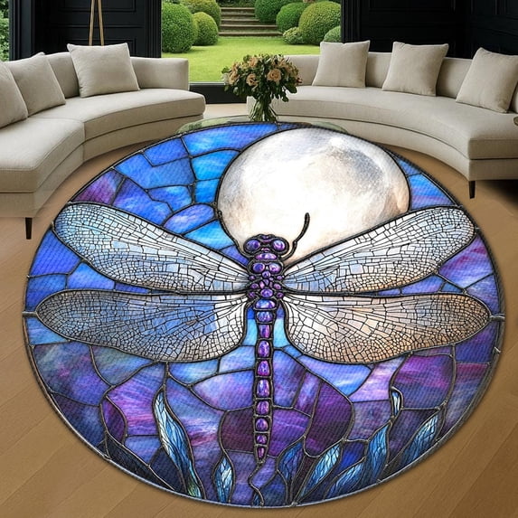 Round Area Rug, Dragonfly10 Nature Pattern Non-Slip Floor Mat, Soft Washable Carpet for Living Room Bedroom Decor 59 Inch
