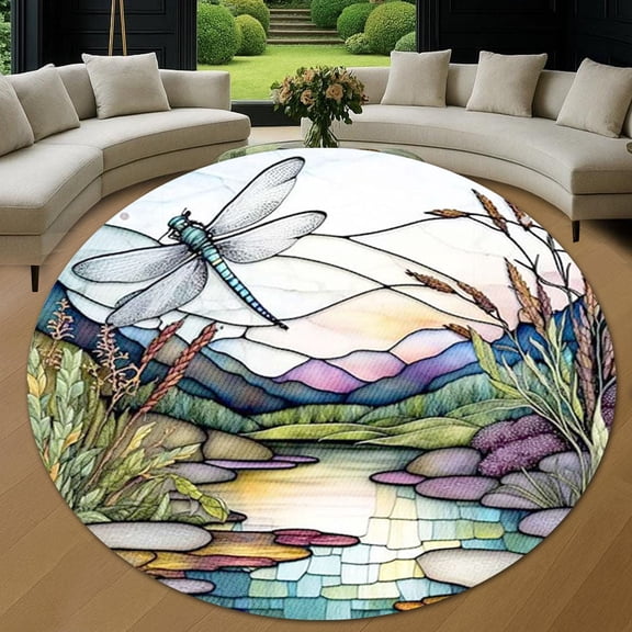 Round Area Rug, Dragonfly4 Nature Pattern Non-Slip Floor Mat, Soft Washable Carpet for Living Room Bedroom Decor 31 Inch