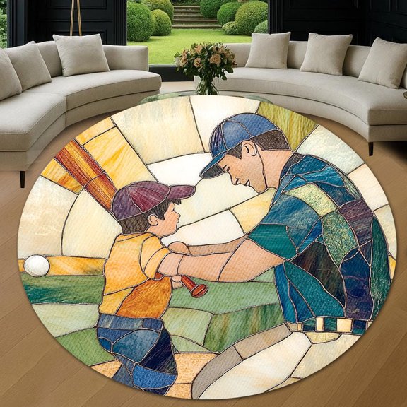 Round Area Rug, Father Teaching Bat Swing Non-Slip Floor Mat, Soft Washable Carpet for Living Room Bedroom Decor 24 Inch