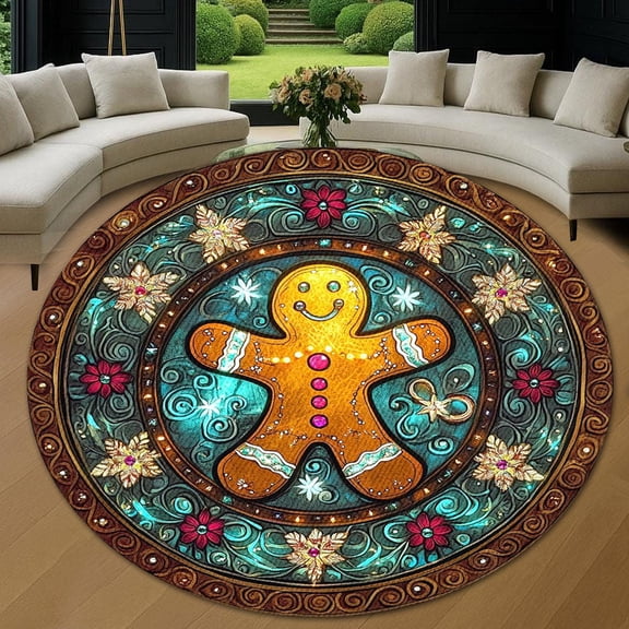 Round Area Rug, Gingerbread Man Art Design Non-Slip Floor Mat, Soft Washable Carpet for Living Room Bedroom Decor 24 Inch