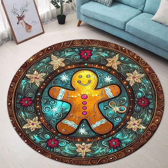 Round Area Rug, Gingerbread Man Non-Slip Floor Mat, Soft Washable Carpet for Living Room Bedroom Decor 24 Inch