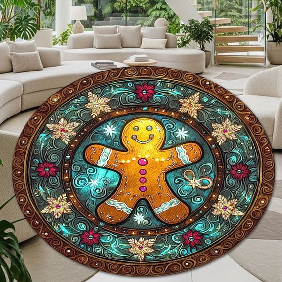 Round Area Rug, Gingerbread Man Non-Slip Floor Mat, Soft Washable Carpet for Living Room Bedroom Decor 24 Inch