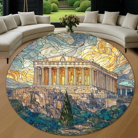 Round Area Rug, Greece Parthenon Non-Slip Floor Mat, Soft Washable Carpet for Living Room Bedroom Decor 24 Inch