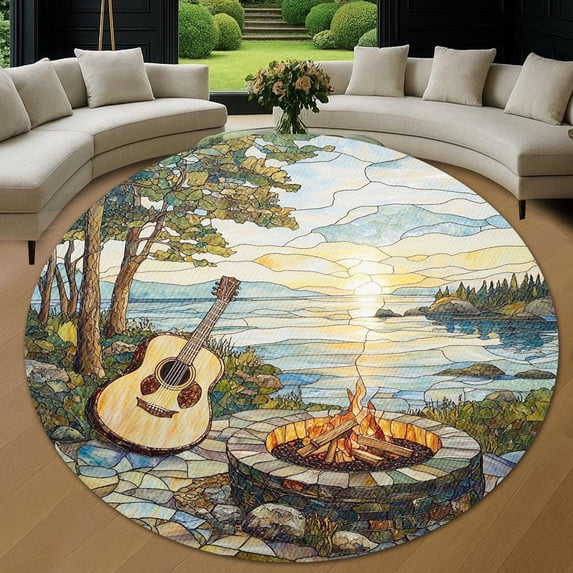 Round Area Rug, Guitar Firepit 1 Non-Slip Floor Mat, Soft Washable Carpet for Living Room Bedroom Decor 24 Inch