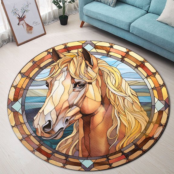 Round Area Rug, Horse13 Non-Slip Floor Mat, Soft Washable Carpet for Living Room Bedroom Decor 24 Inch