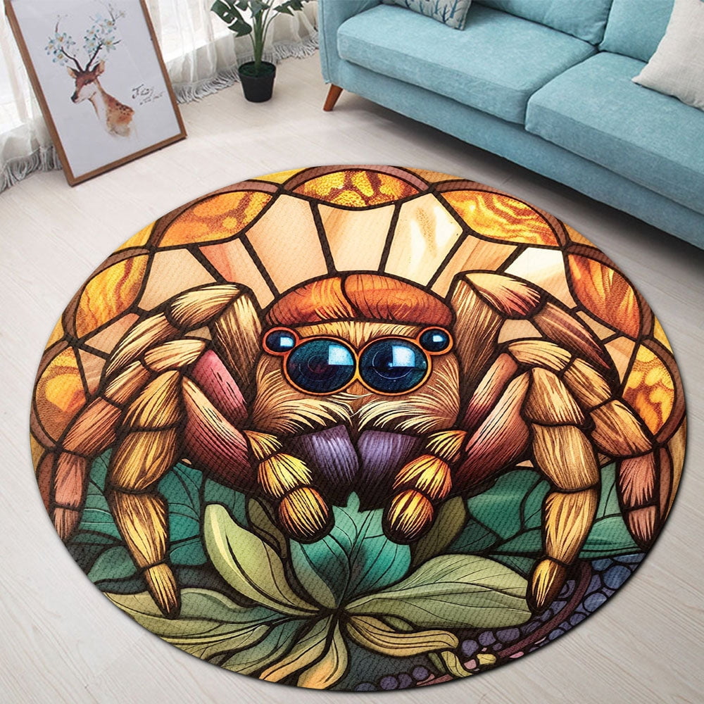 Round Area Rug, Jumping Spider Non-Slip Floor Mat, Soft Washable Carpet for Living Room Bedroom Decor 24 Inch