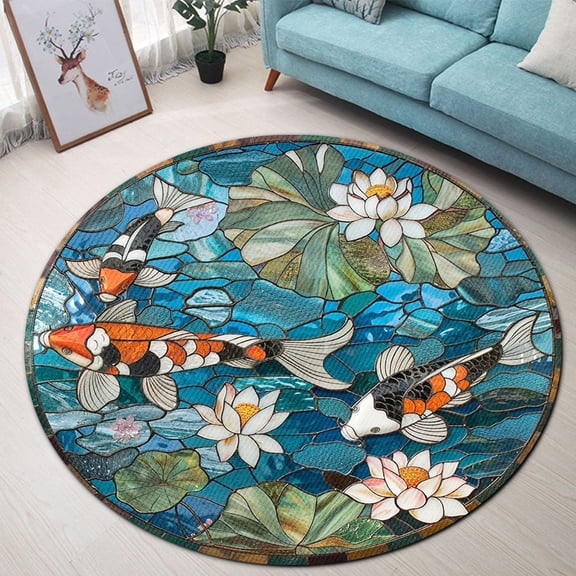 Round Area Rug, Koi Fish Cute Design Non-Slip Floor Mat, Soft Washable Carpet for Living Room Bedroom Decor 24 Inch