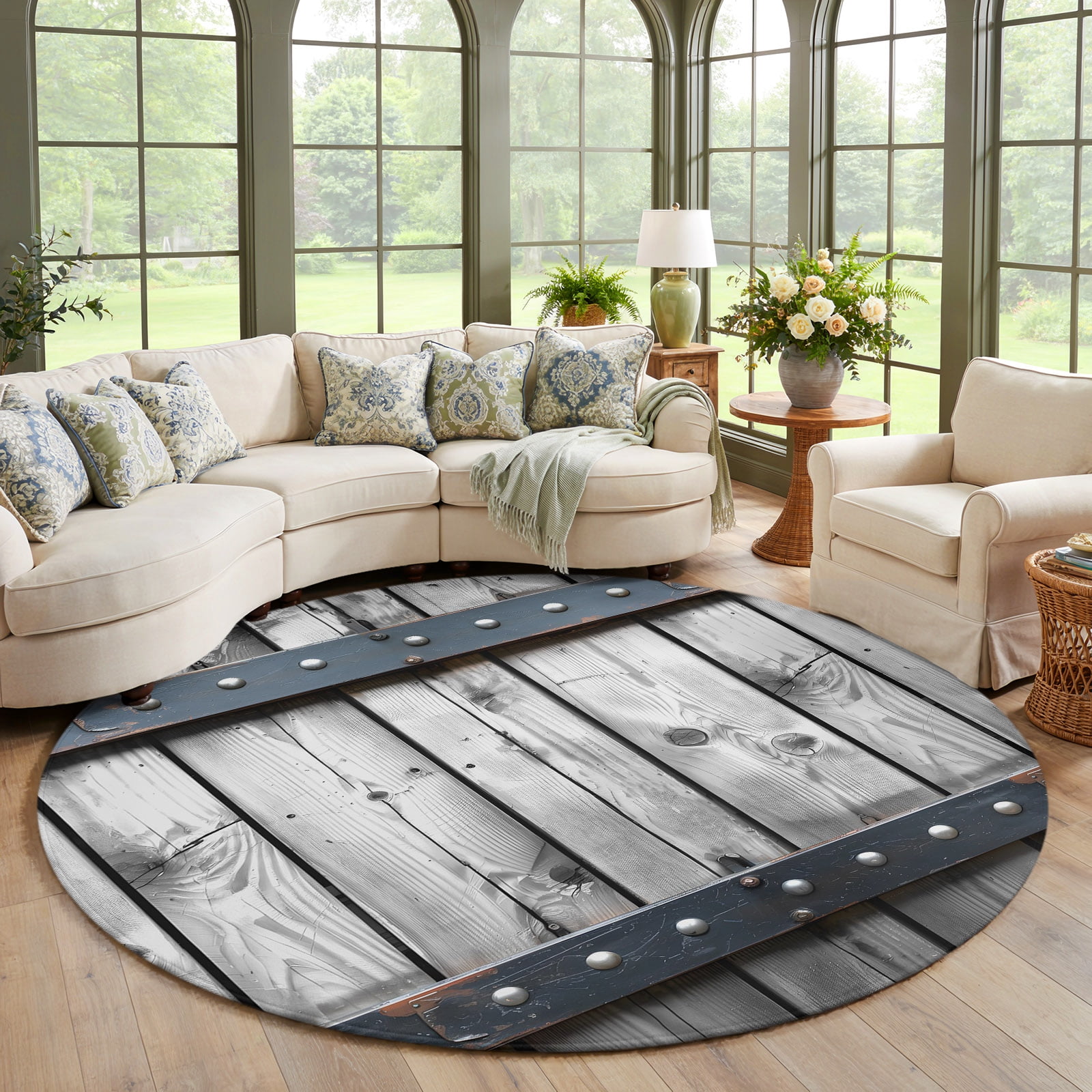 Round Area Rug Large 6ft, Grey Wood Grain Non-Slip Circle Area Rugs for ...