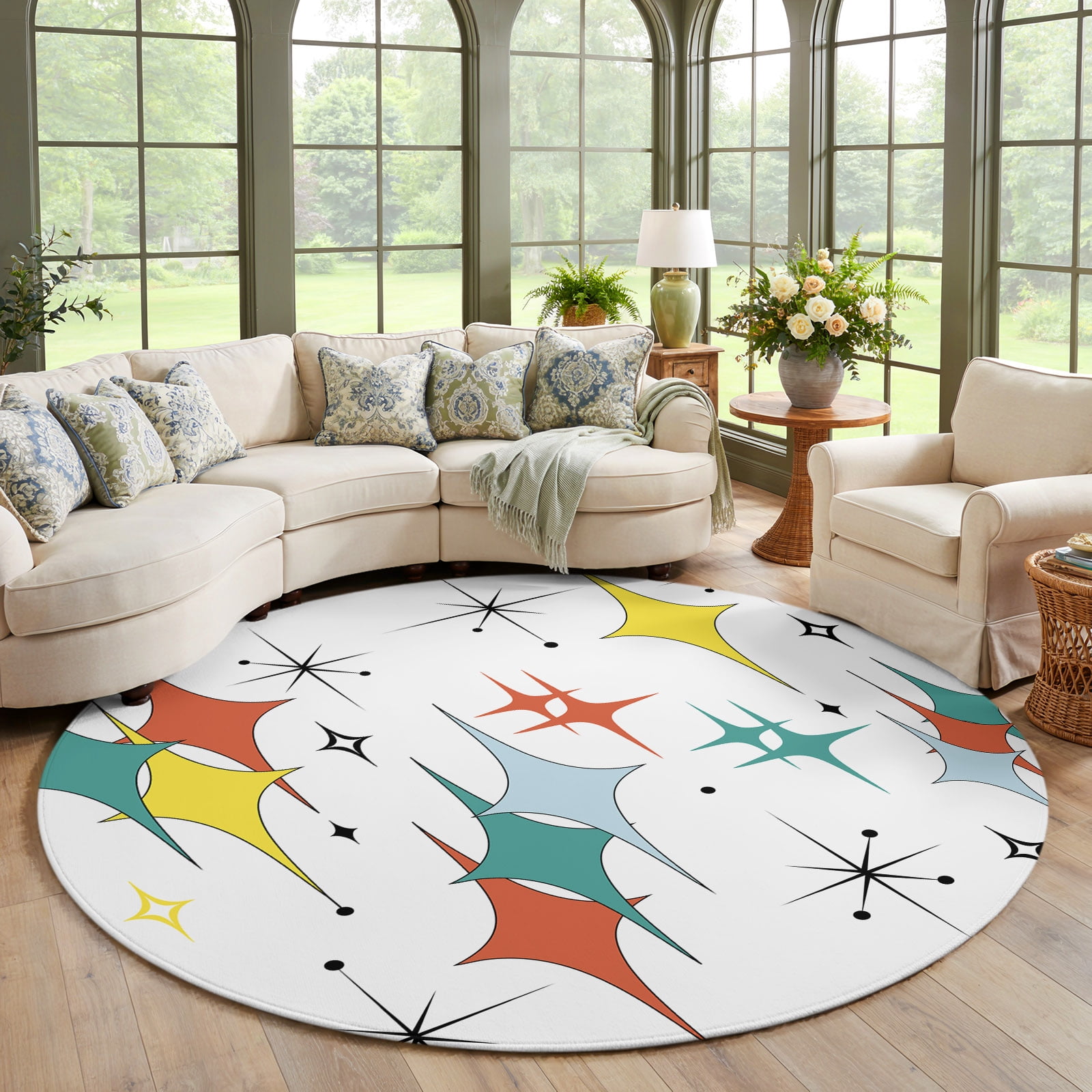 Globalization Orange Round Area Rug Large 6ft, Middle Century Non-Slip Circle Area Rugs for ...