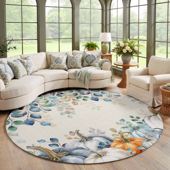 Round Area Rug Large 6ft, Thanksgiving Pumpkin Non-Slip Circle Area Rugs for Living Room, Fall Eucalyptus Autumn Leaves Beige Low Pile Indoor Floor Carpet for Bedroom Dining Room Office
