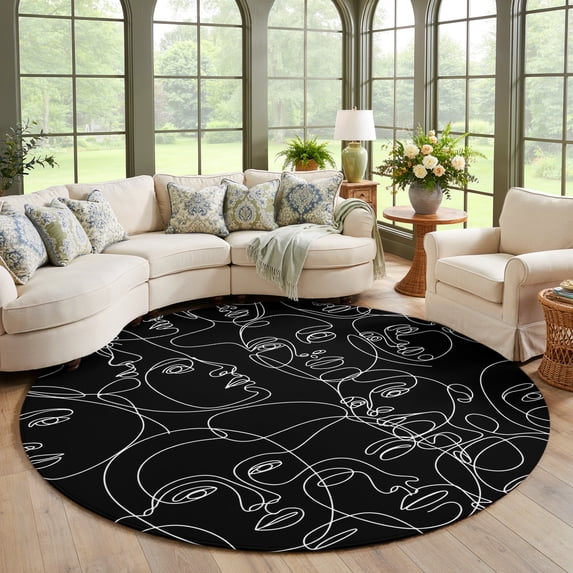 Three Face Characters Round Area Rug Large 7ft, Abstract Style Non-Slip Circle Area Rugs for ...