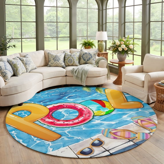 7 Foot Pool Round Area Rug Large 7ft, Blue Summer Pool Non-Slip Circle Area Rugs ...