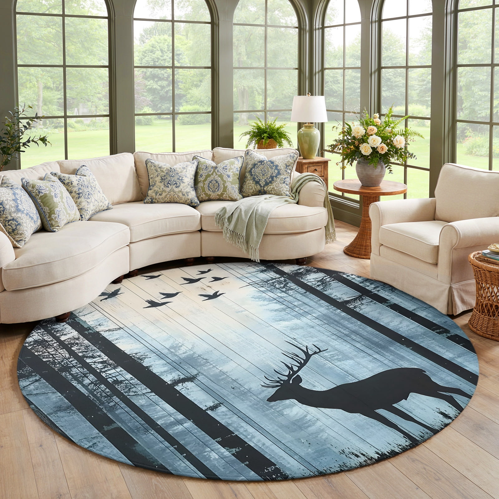 Round Area Rug Large 7ft, Forest Elk Non-Slip Circle Area Rugs for ...
