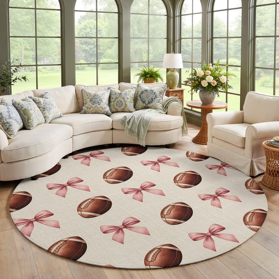 Pink Round Bug Round Area Rug Large 7ft, Pink Bow Football Non-Slip Circle Area Rugs ...