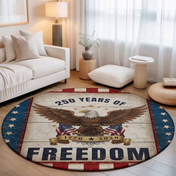 Round Area Rug for Living Room Bedroom, 250 Years of Freedom Round Rugs Non-slip Washable Floor Carpet, Bald Eagle Patriotic Stars Soft Circle Rug 3ft