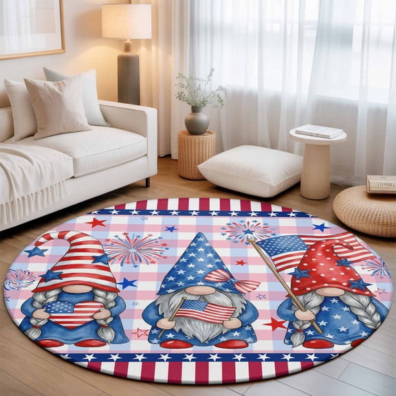 Round Area Rug for Living Room Bedroom, 4th of July Patriotic Flag Gnome Round Rugs Non-slip Washable Floor Carpet, Stars and Stripes Freedom Soft Circle Rug 3ft