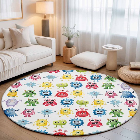 Round Area Rug for Living Room Bedroom, Abstract Cartoon Monsters Round Rugs Non-slip Floor Carpet, Seamless Colorful Cute Alien Soft Washable Circle Rug 3ft